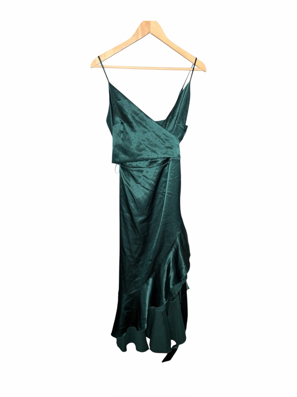 Birdy Grey Emerald Satin Crossover Flounce Ruffle Dress - Picture 2 of 8